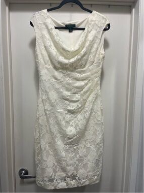Lauren Ralph Lauren Ivory Lace Sequin Cowl-Neck Midi Dress